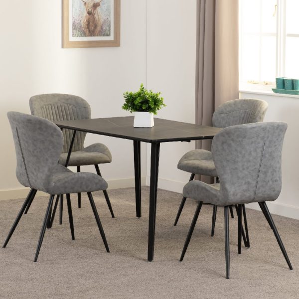 Mequon Black Marble Effect Dining Table With 4 Qinson Grey Chairs | Bed Sava