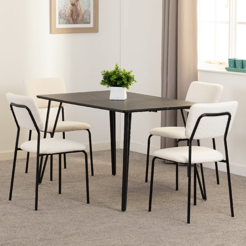Mequon Black Marble Effect Dining Table With 4 Sedona Ivory Chairs
