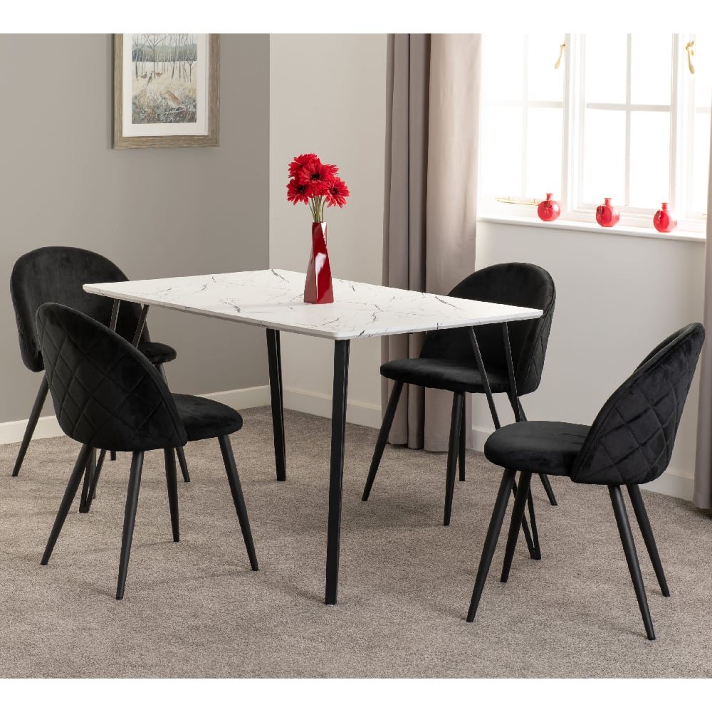 Mequon White Marble Effect Dining Table With 4 Velvet Chairs