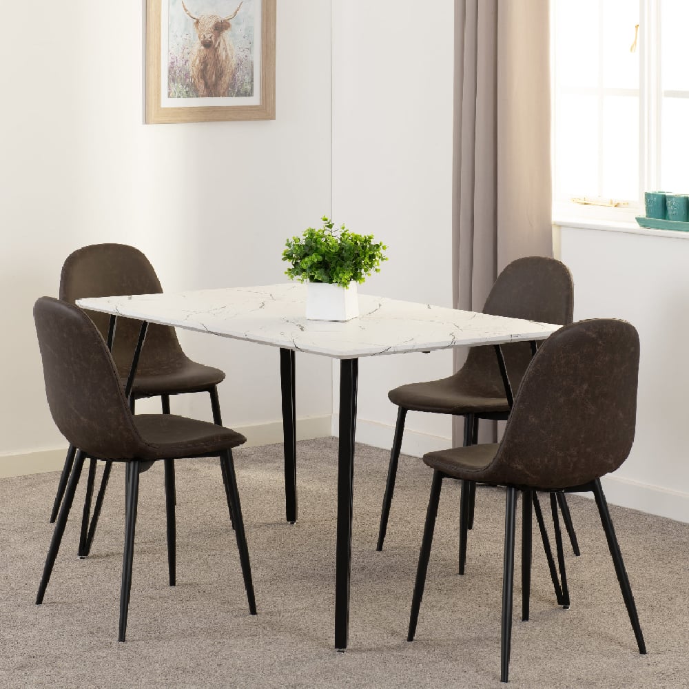 Mequon White Marble Effect Dining Table With 4 Alsip Brown Chairs