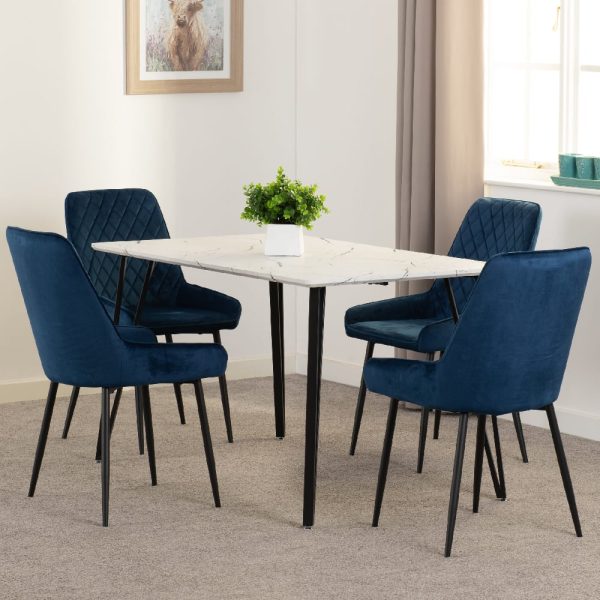 Mequon White Marble Effect Dining Table With 4 Avah Blue Chairs | Bed Sava