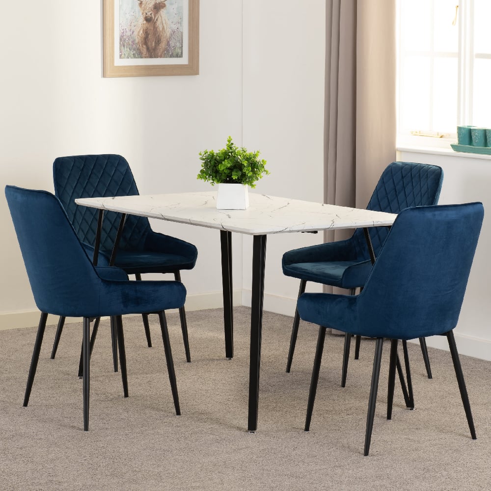 Mequon White Marble Effect Dining Table With 4 Avah Blue Chairs