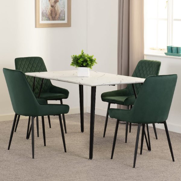 Mequon White Marble Effect Dining Table With 4 Avah Green Chairs | Bed Sava