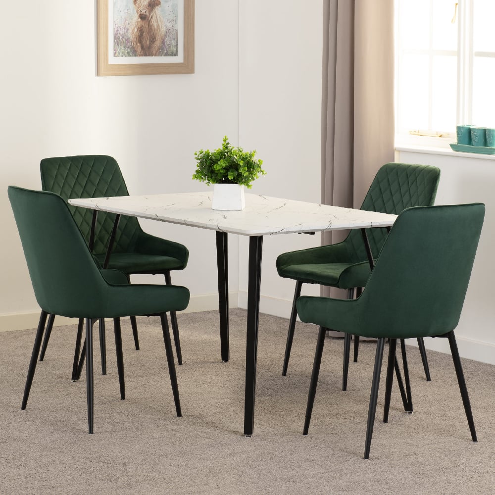 Mequon White Marble Effect Dining Table With 4 Avah Green Chairs
