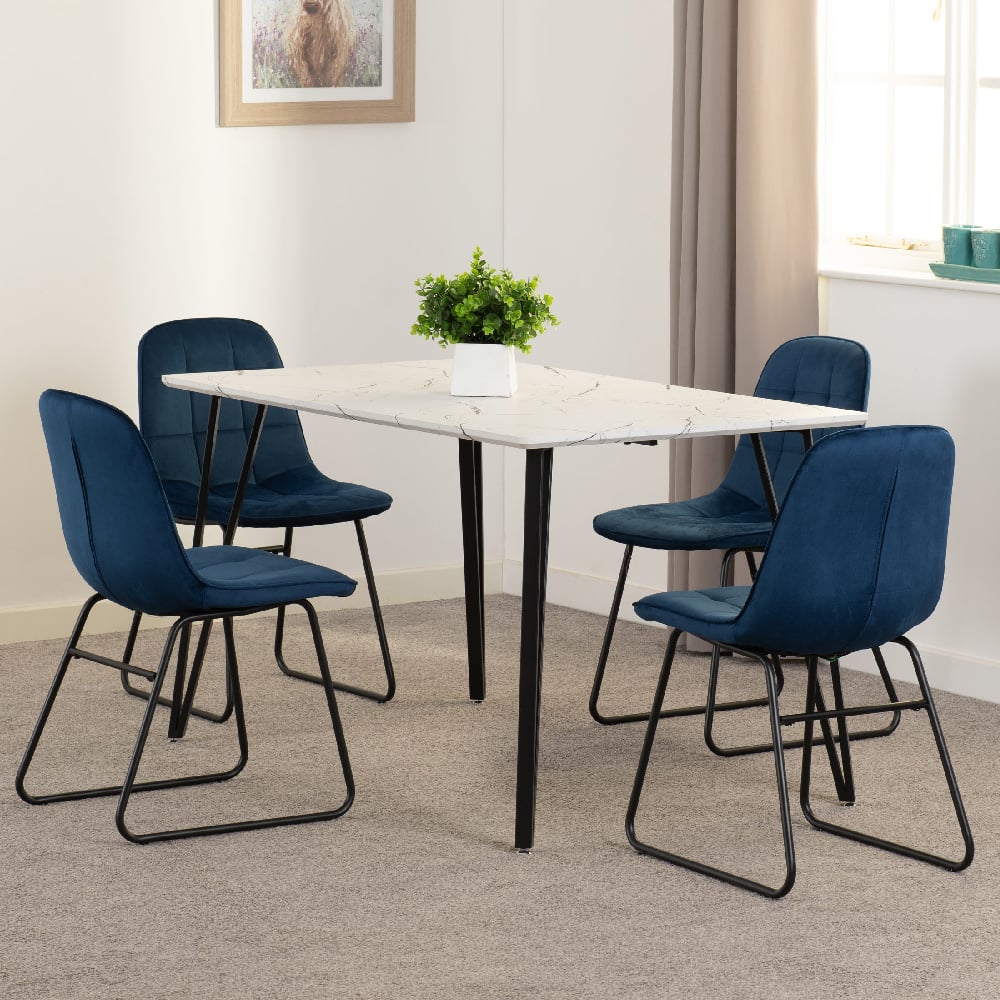 Mequon White Marble Effect Dining Table With 4 Lyster Blue Chairs