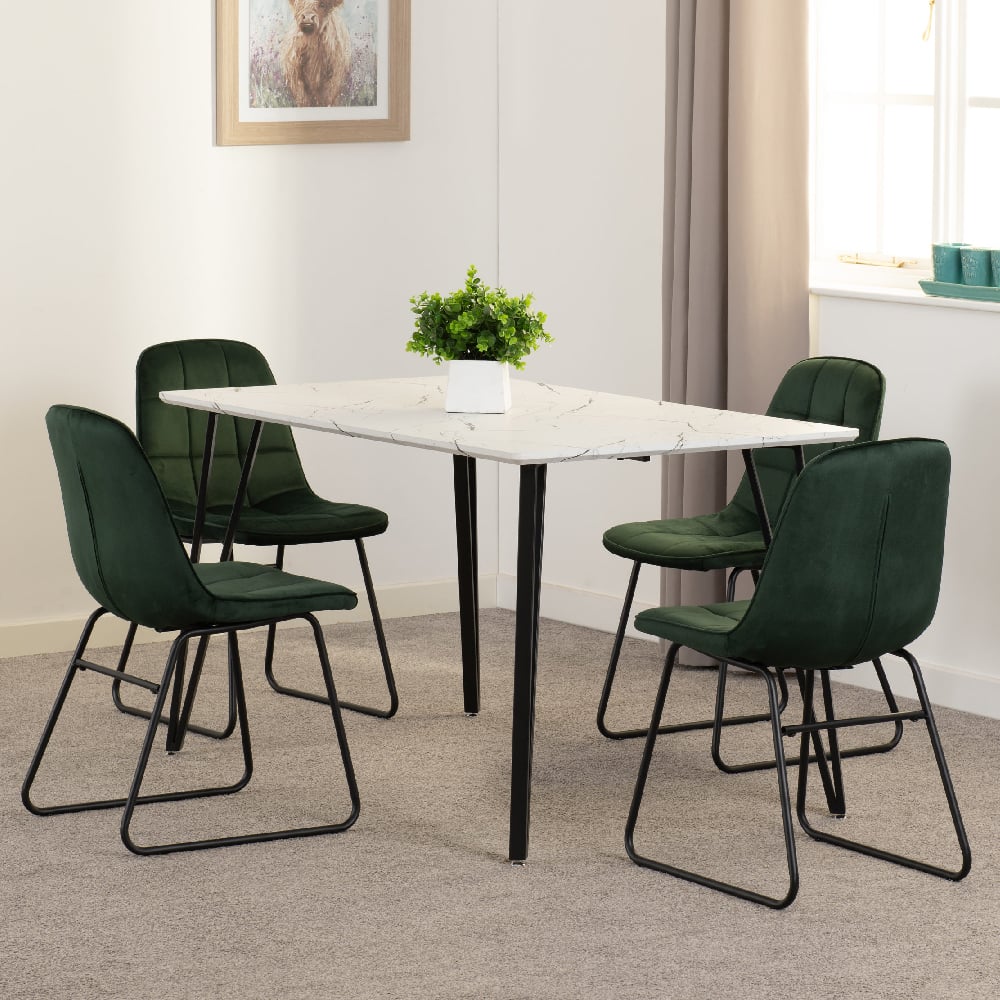 Mequon White Marble Effect Dining Table With 4 Lyster Green Chairs