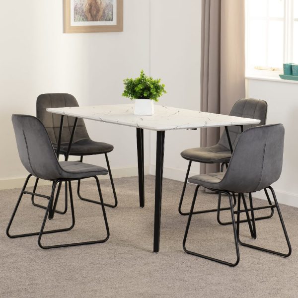 Mequon White Marble Effect Dining Table With 4 Lyster Grey Chairs | Bed Sava