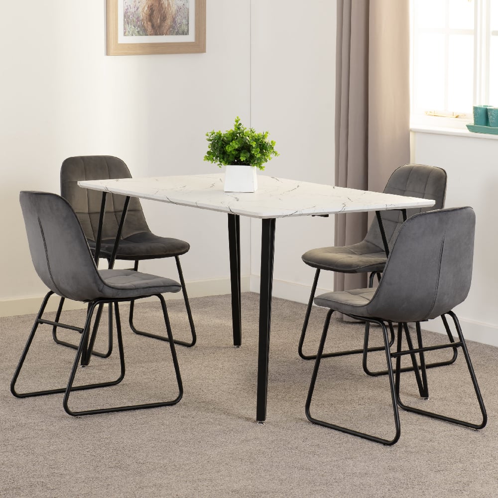 Mequon White Marble Effect Dining Table With 4 Lyster Grey Chairs