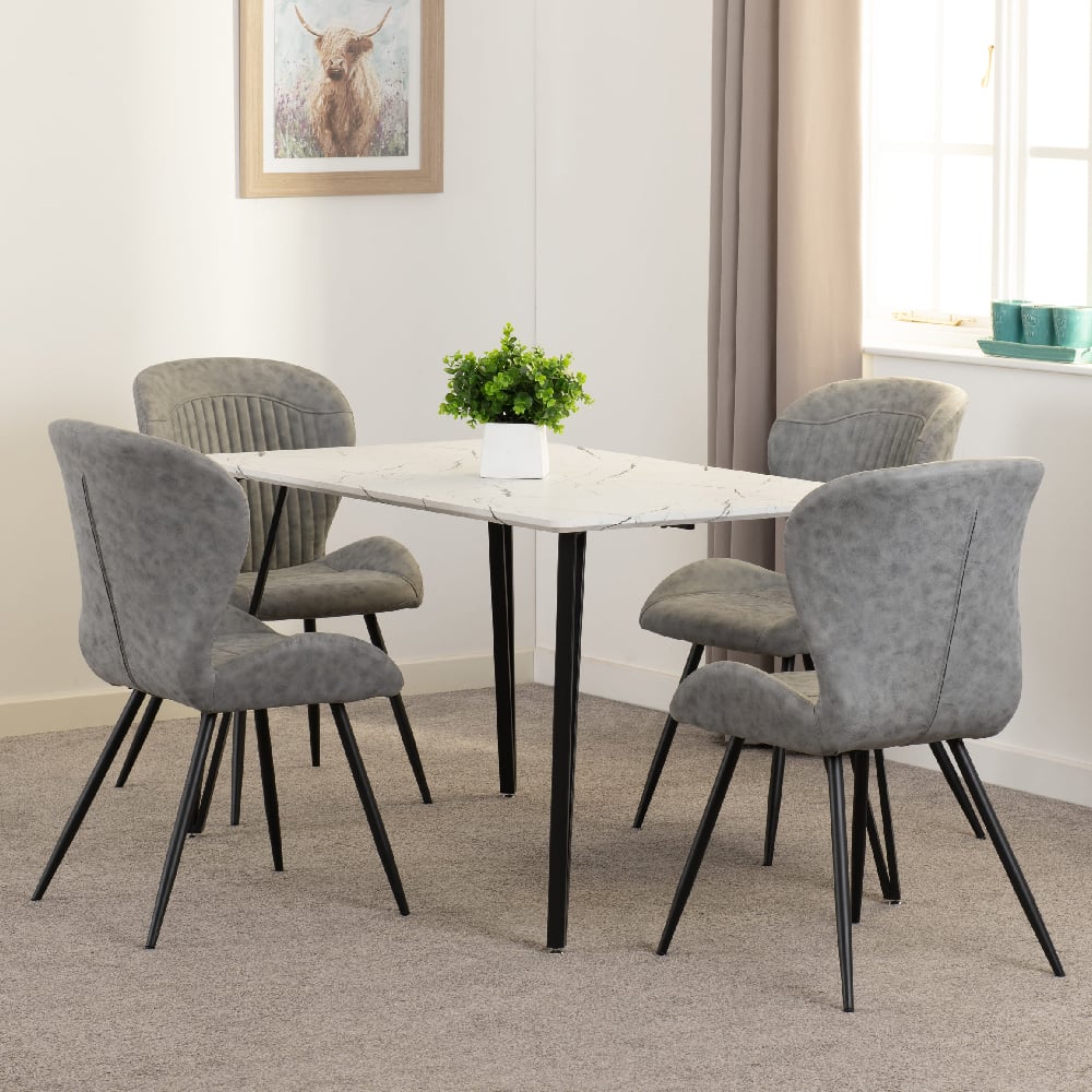 Mequon White Marble Effect Dining Table With 4 Qinson Grey Chairs