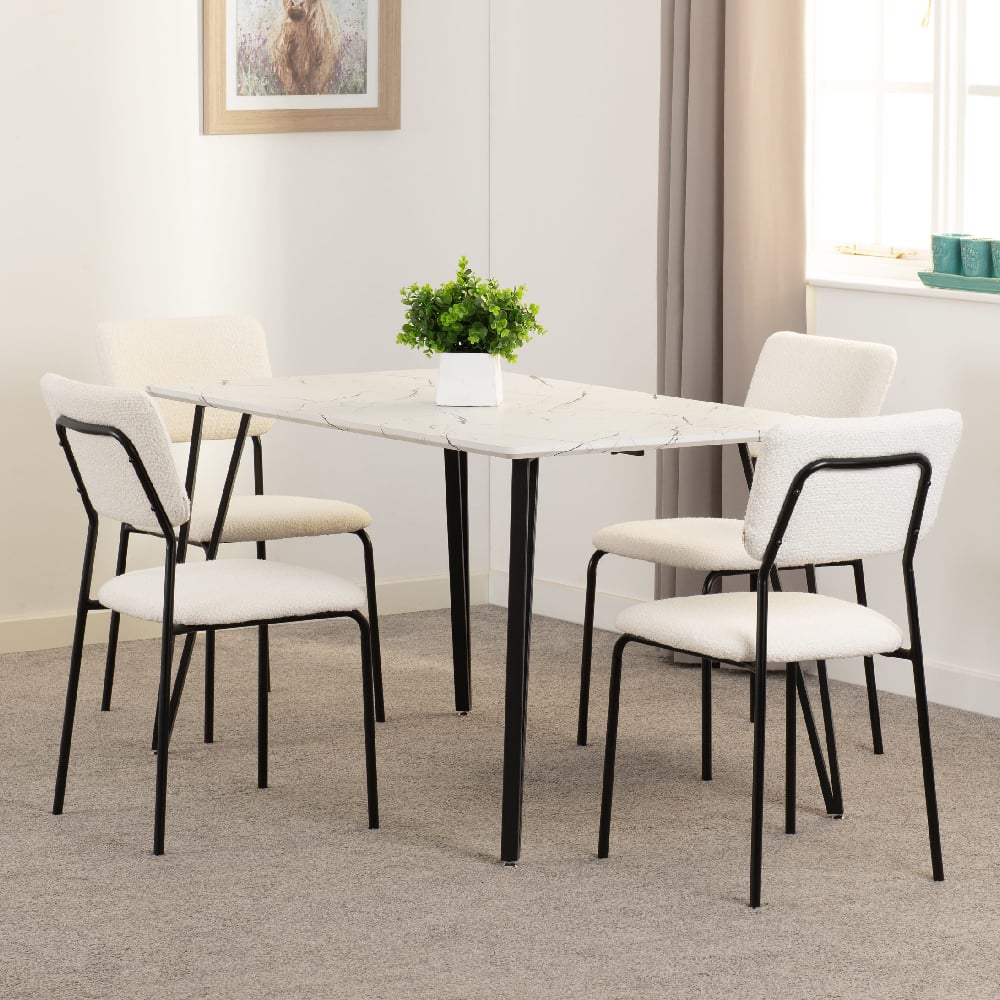 Mequon White Marble Effect Dining Table With 4 Sedona Ivory Chairs