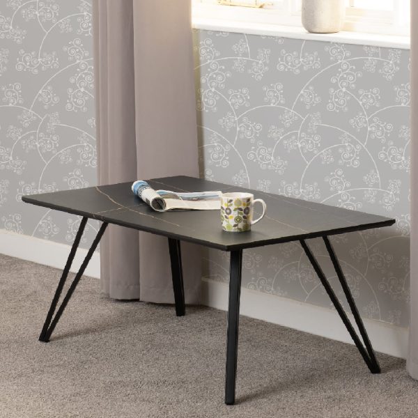 Mequon Wooden Rectangular Coffee Table In Black Marble Effect | Bed Sava