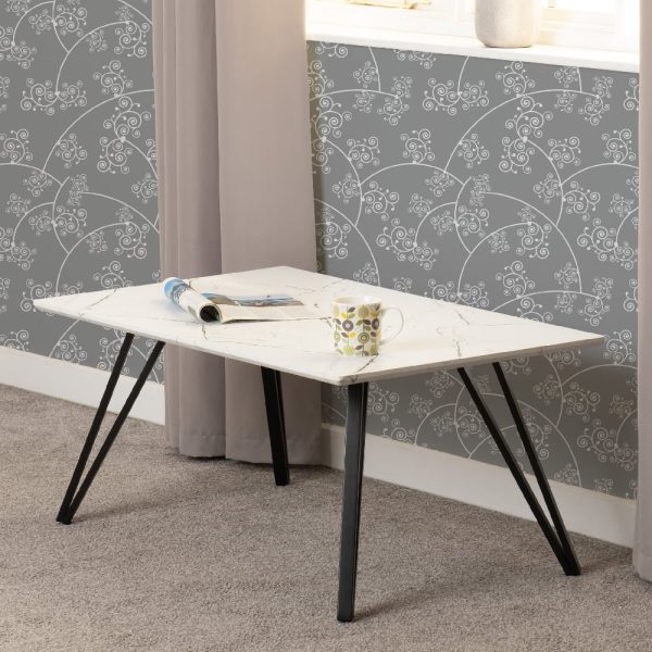 Mequon Wooden Rectangular Coffee Table In White Marble Effect | Bed Sava