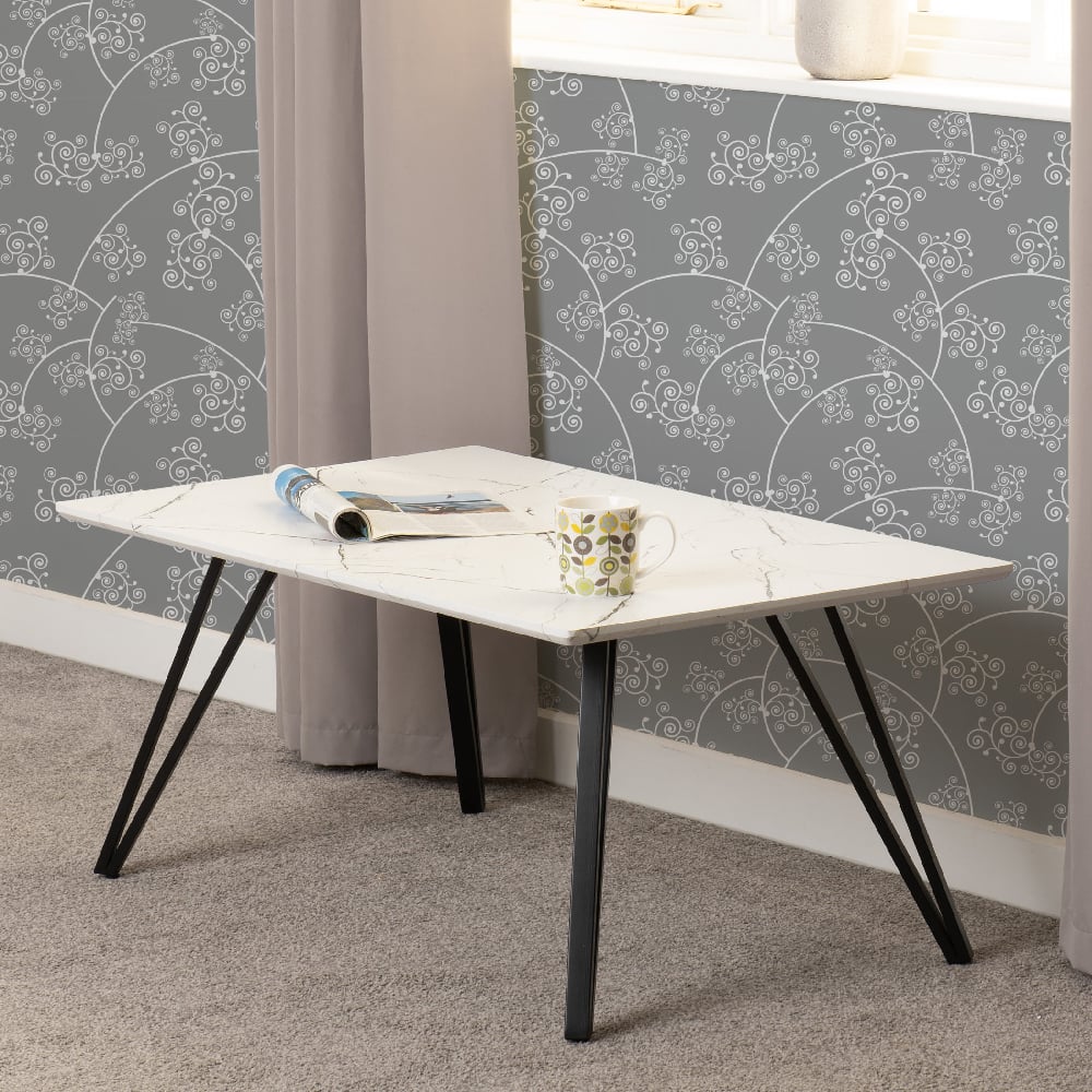 Mequon Wooden Rectangular Coffee Table In White Marble Effect