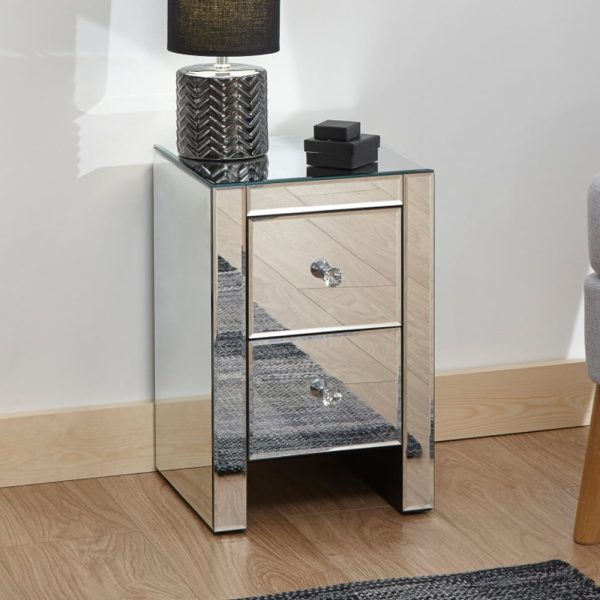 Meriden Mirrored Bedside Cabinet With 2 Drawers In Silver | Bed Sava