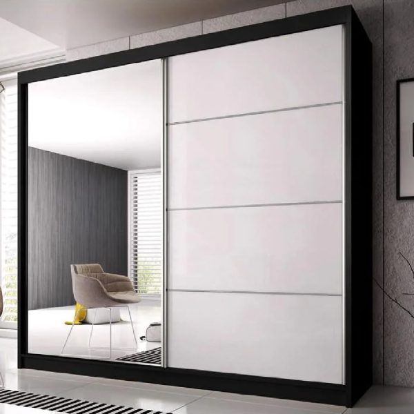 Mesa 183cm Mirrored Wardrobe And 2 Sliding Doors In Black White Gloss | Bed Sava