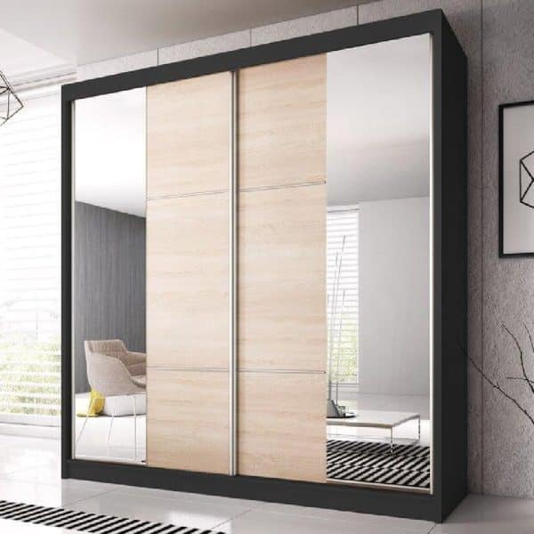 Mesa 233cm Mirrored Wardrobe With 2 Sliding Doors In Matt Black | Bed Sava