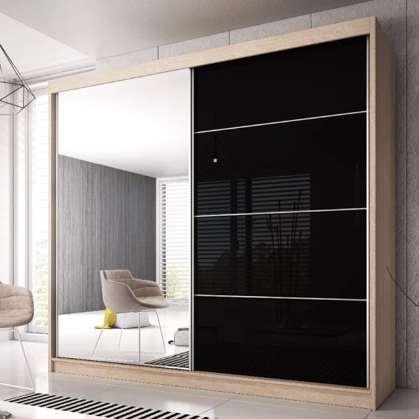 Mesa 233cm Mirrored Wardrobe And 2 Sliding Doors In Oak Black Gloss | Bed Sava