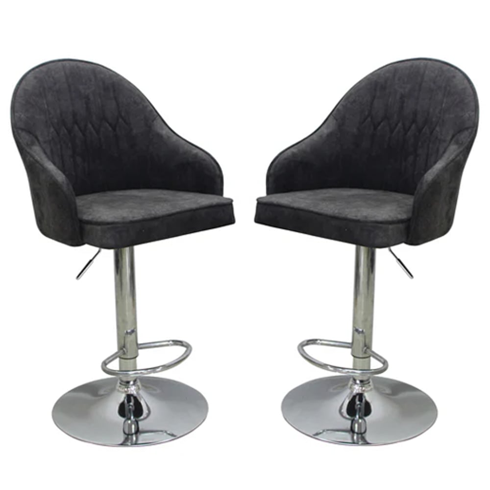 Milan Adjustable Dark Grey Plush Velvet Bar Chairs In Pair