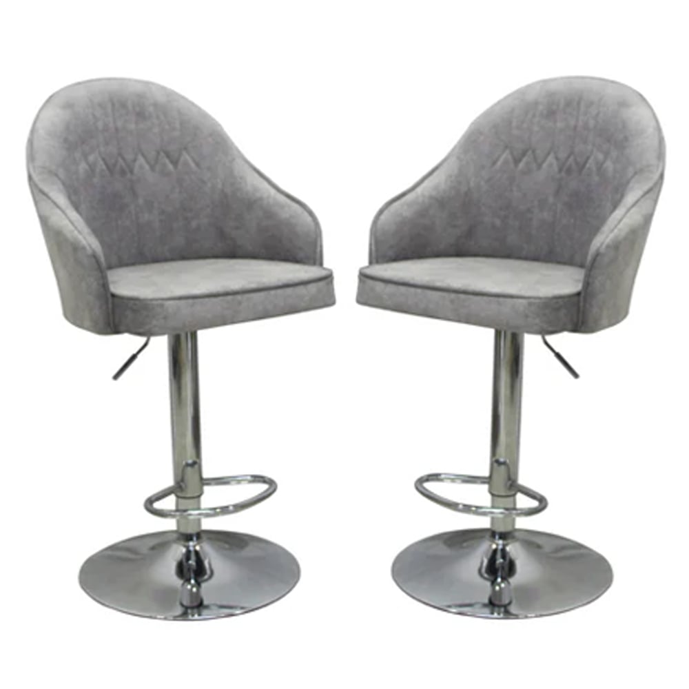Milan Adjustable Light Grey Plush Velvet Bar Chairs In Pair