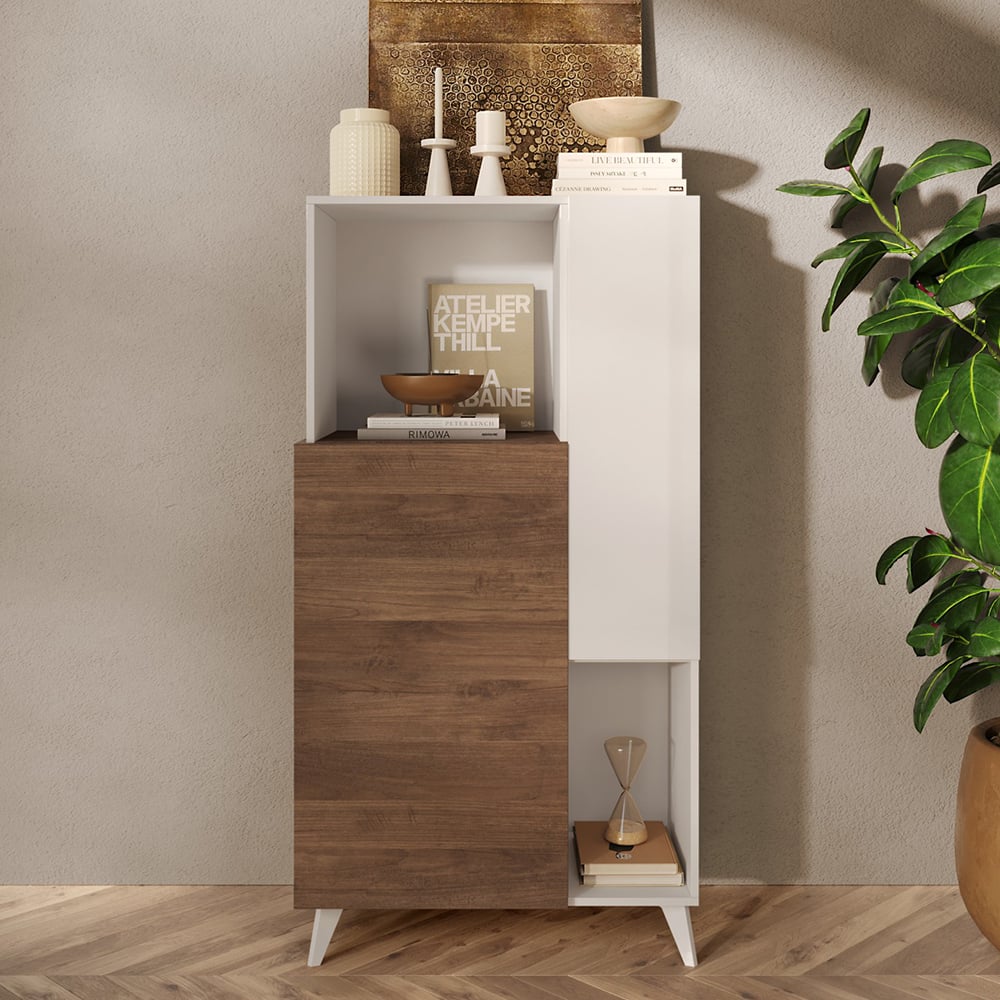 Milan High Gloss Highboard With 2 Doors In White And Mercure Oak