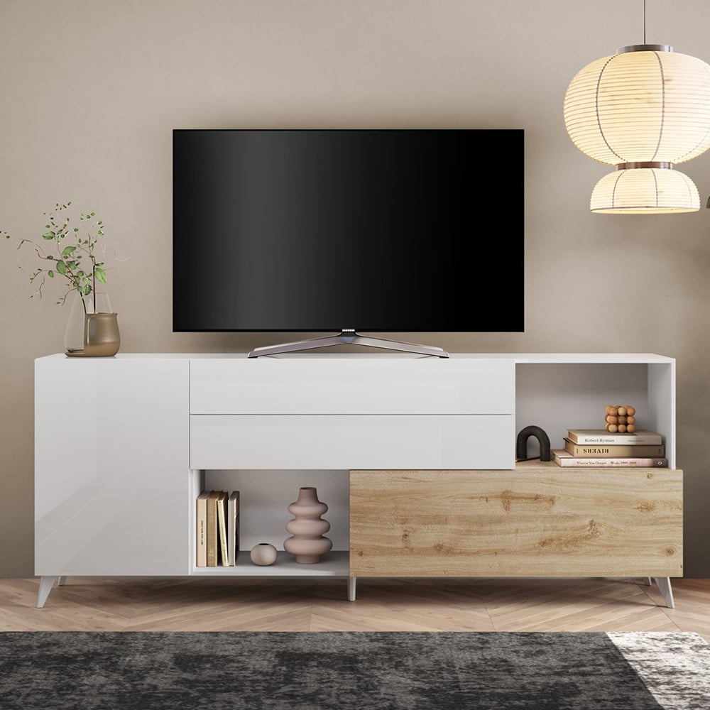 Milan Large High Gloss TV Sideboard In White And Cadiz Oak