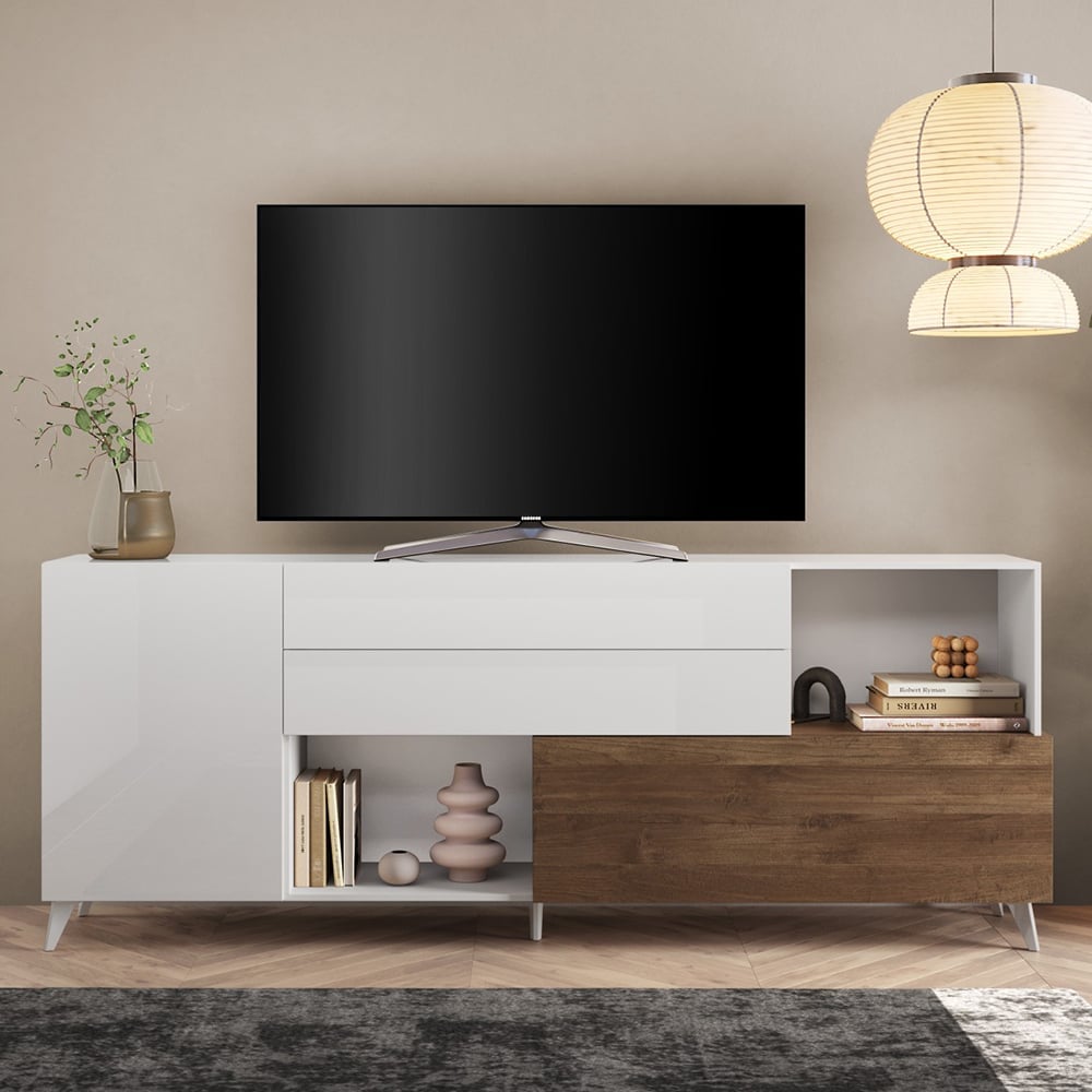 Milan Large High Gloss TV Sideboard In White And Mercure Oak