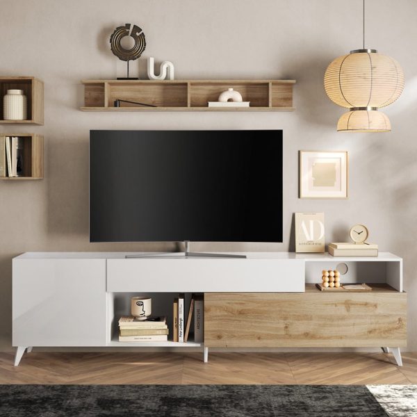 Milan Large High Gloss TV Stand In White And Cadiz Oak | Bed Sava
