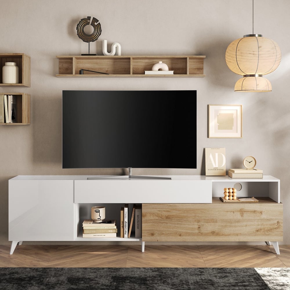 Milan Large High Gloss TV Stand In White And Cadiz Oak