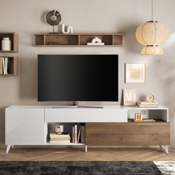 Milan Large High Gloss TV Stand In White And Mercure Oak | Bed Sava