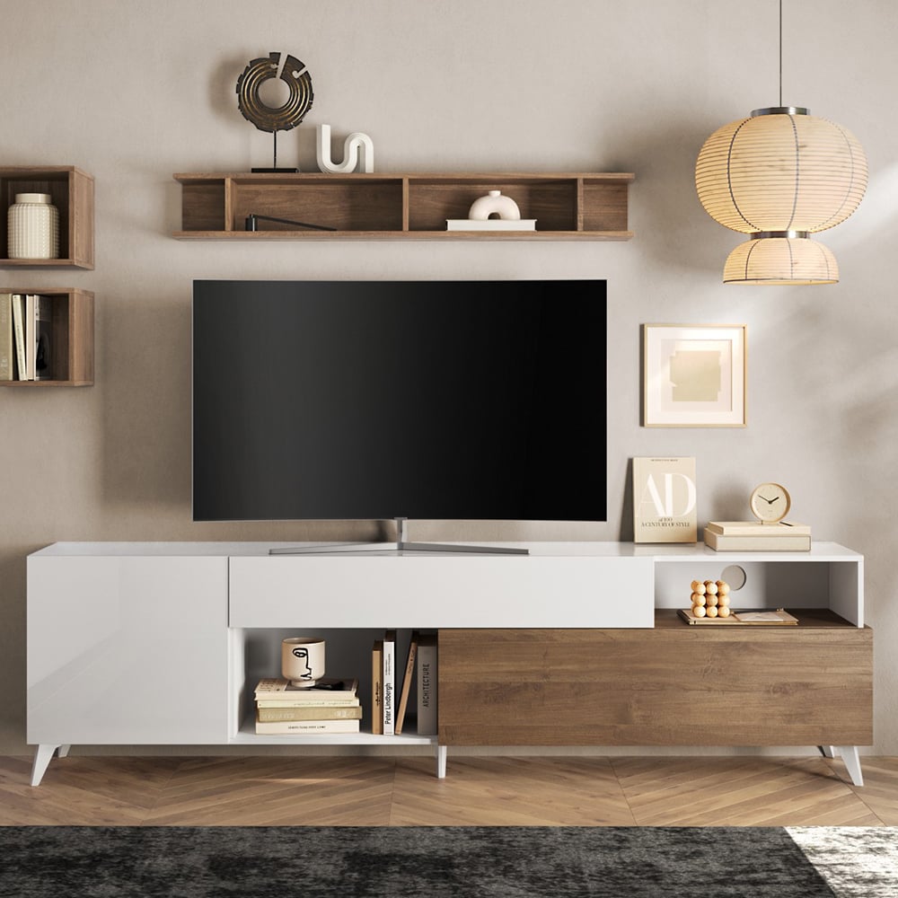 Milan Large High Gloss TV Stand In White And Mercure Oak