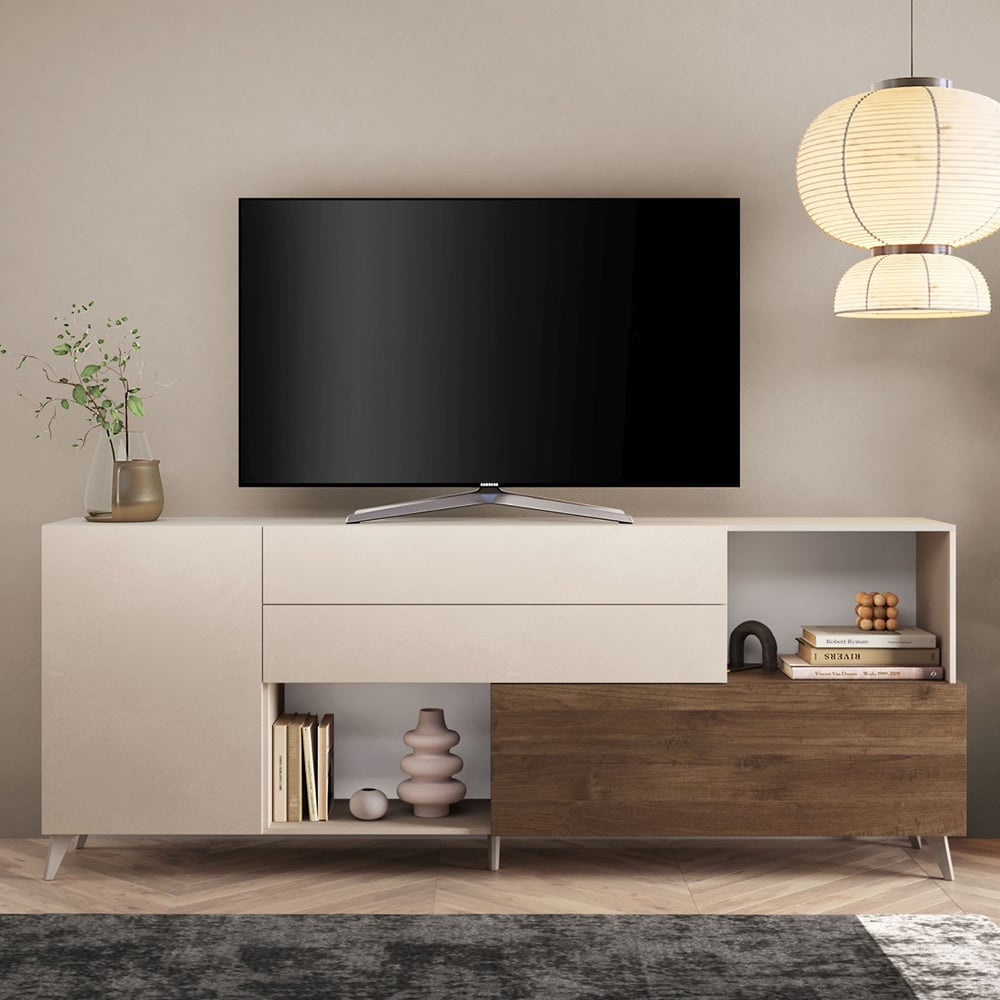 Milan Large Wooden TV Sideboard In Cashmere And Mercure Oak