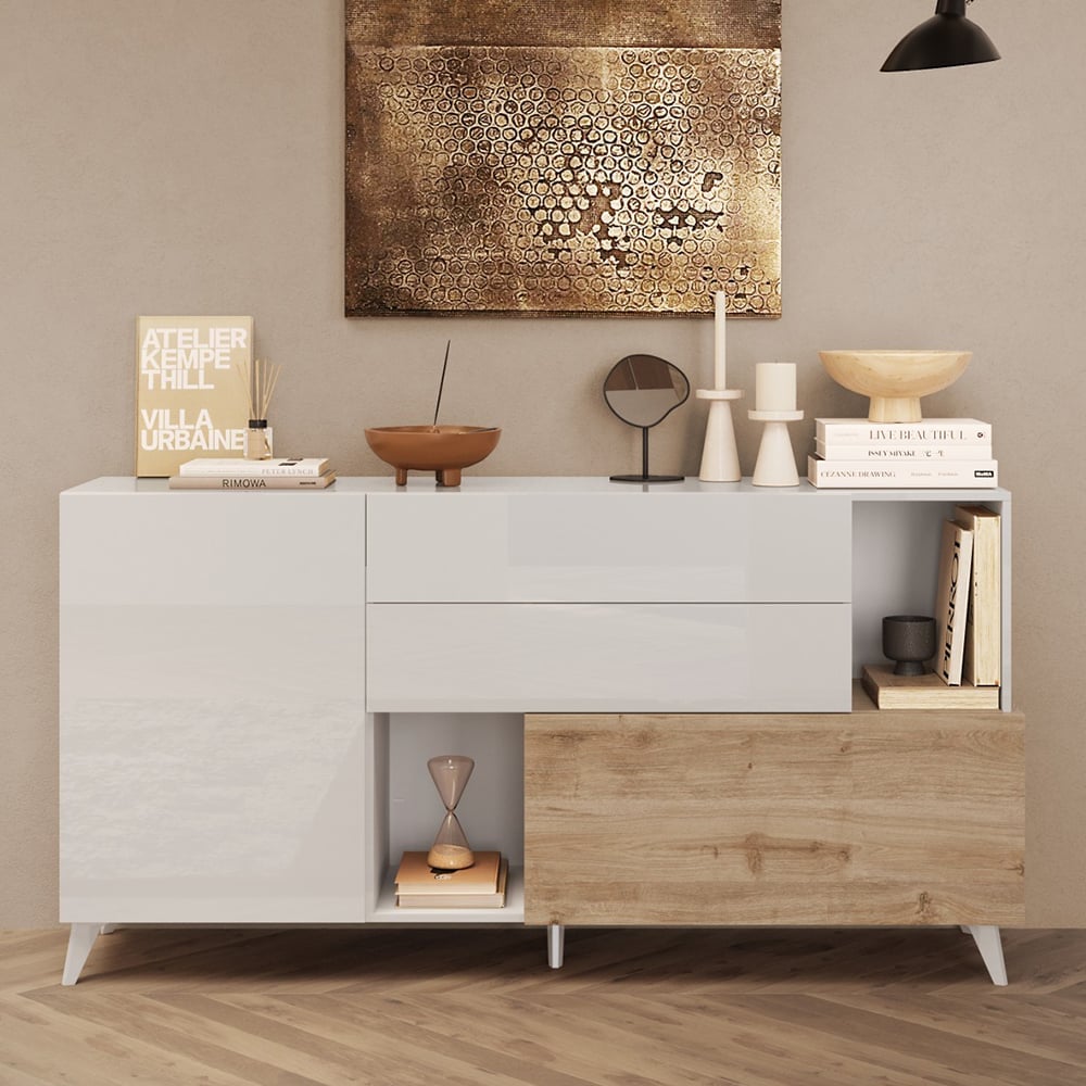 Milan Small High Gloss TV Sideboard In White And Cadiz Oak
