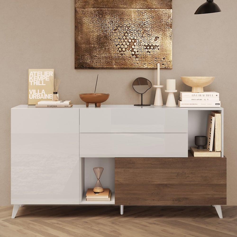 Milan Small High Gloss TV Sideboard In White And Mercure Oak