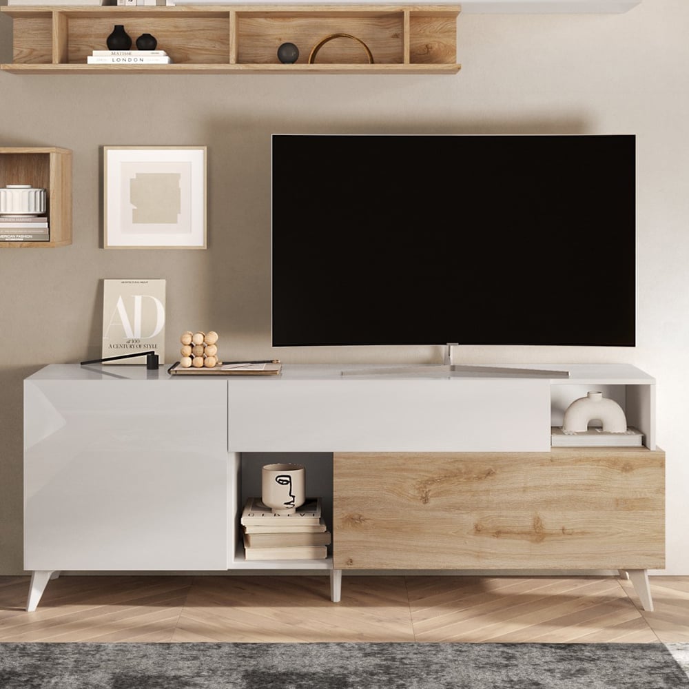 Milan Small High Gloss TV Stand In White And Cadiz Oak