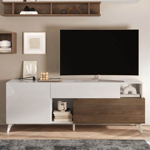 Milan Small High Gloss TV Stand In White And Mercure Oak | Bed Sava