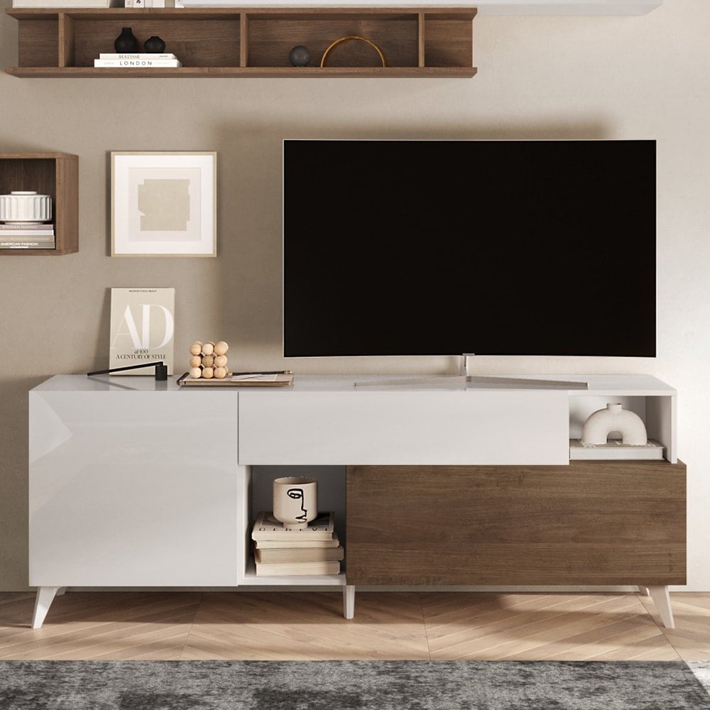 Milan Small High Gloss TV Stand In White And Mercure Oak
