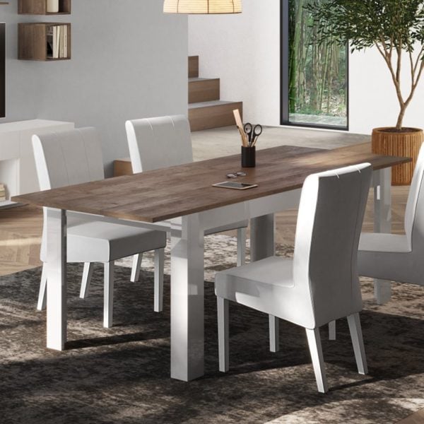 Milan Wooden Extending Dining Table In White Gloss And Mercure Oak | Bed Sava