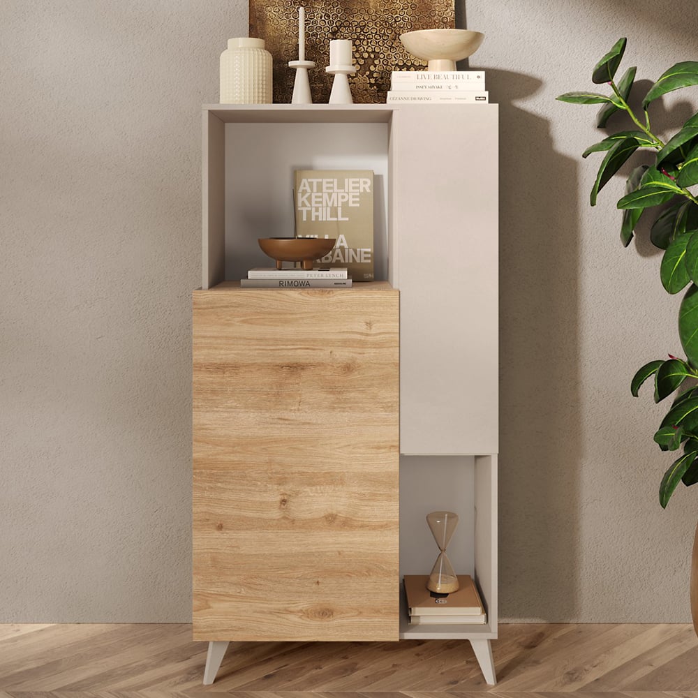 Milan Wooden Highboard With 2 Doors In Cashmere And Cadiz Oak