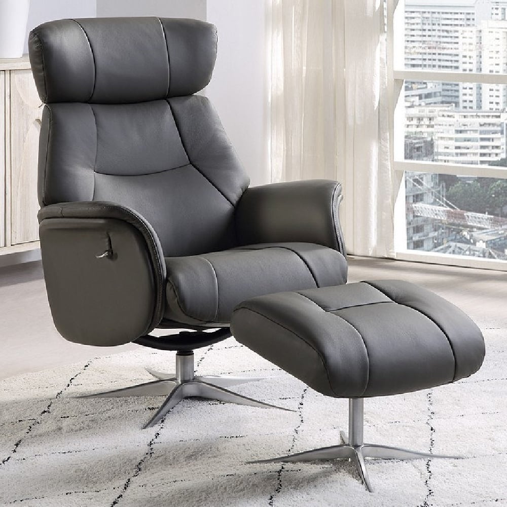 Milligan Leather Recliner Chair With Stool In Charcoal