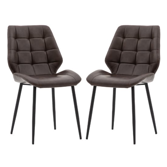Minford Brown Leather Dining Chairs With Black Legs In Pair