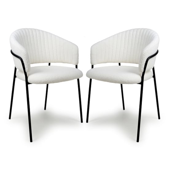 Monzo White Boucle Fabric Dining Chairs With Black Legs In Pair