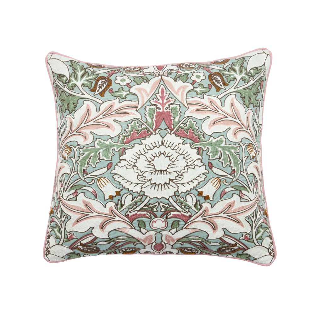 William Morris Strawberry Thief/Severne Embroidered Cushion 50cm x 30cm, Cochineal Pink