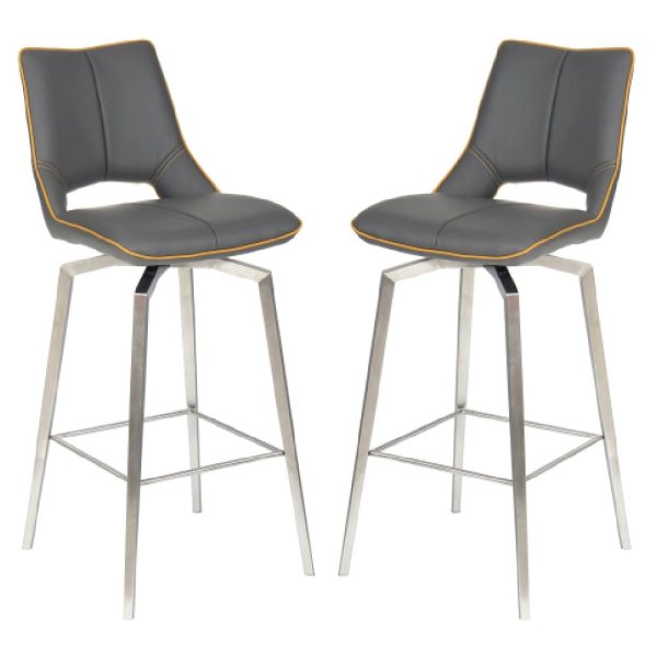 Mosul Graphite Grey Leather Bar Chairs With Steel Legs In Pair | Bed Sava