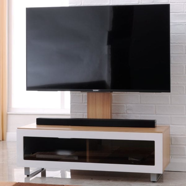 Muncie Small Wooden TV Stand With Metal Bracket In Light Oak | Bed Sava