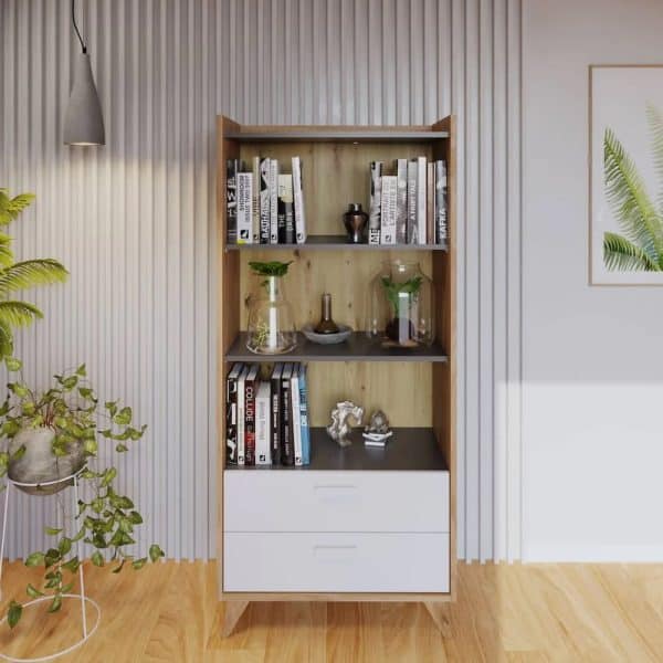 Muncie Wooden Bookcase With 2 Drawers In White And Oak | Bed Sava