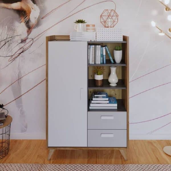 Muncie Wooden Highboard With 2 Drawers In White And Oak | Bed Sava