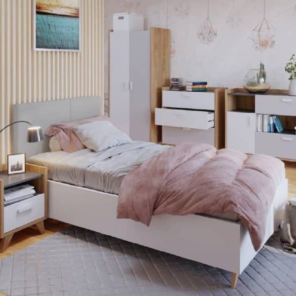 Muncie Wooden Single Bed In White And Grey | Bed Sava