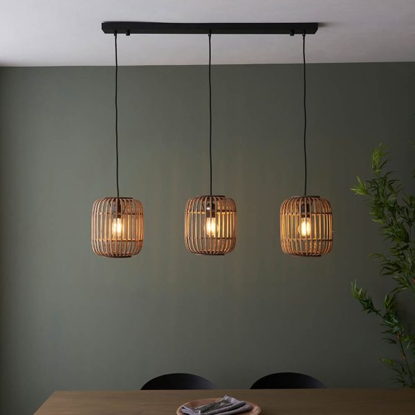 Murray 3 Light Natural Wood Pendant Ceiling Light In Matt Black | Bed Sava