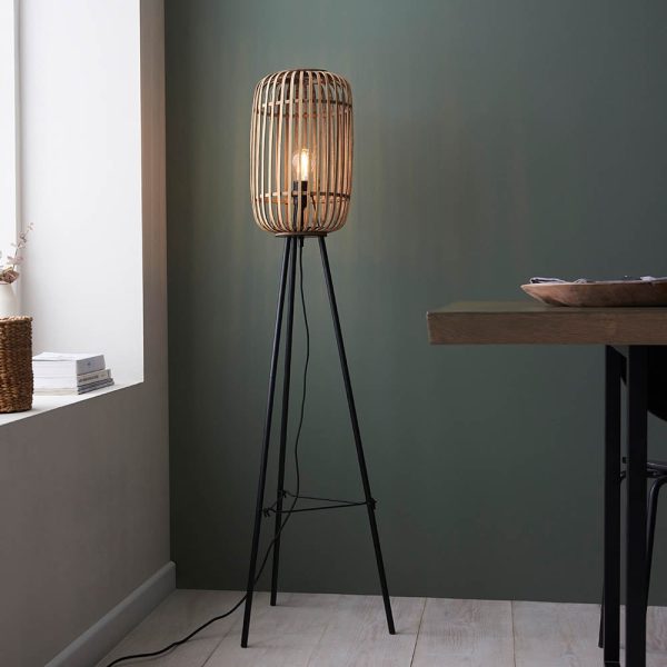 Murray Natural Bamboo Wood Floor Lamp In Matt Black | Bed Sava