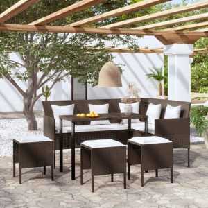 Nadra Rattan 5 Piece L Shaped Couch Set With Cushions In Brown | Bed Sava